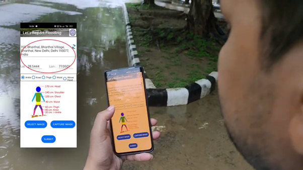 Over shoulder view of a person using the IIT flooding reporting app